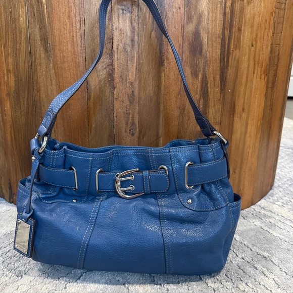 Genuine Pebbled Leather Tignanello Blue Shoulder Handbag Purse With Buckle P - Picture 1 of 14
